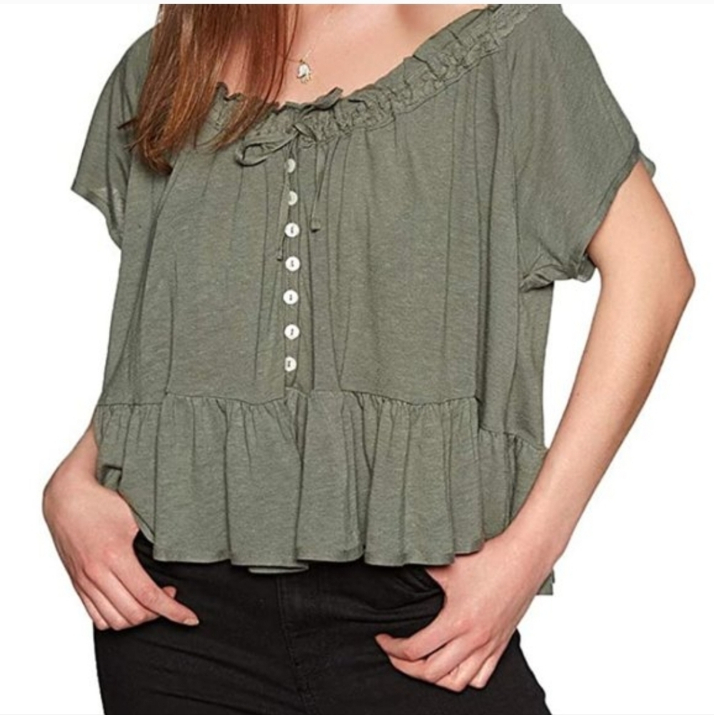 Free People Olive Green Ruffle Hem Button Front Top -NWT